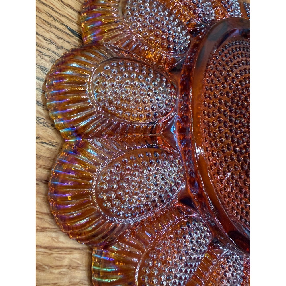 Vintage Indiana Glass amber iridescent carnival glass Hobnail egg plate 11" - Picture 6 of 10